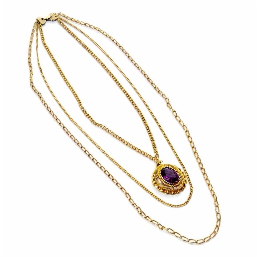 Vintage 70s Victorian Revival Necklace 24" Triple Strand Gold Tone Purple Glass - Picture 2 of 12